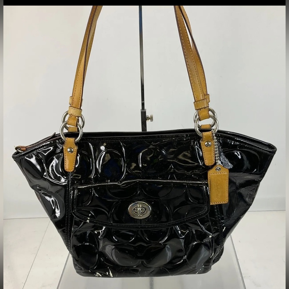 Coach Gloss Black Signature Debossed Patent LeatherTop Zip Tote Bag